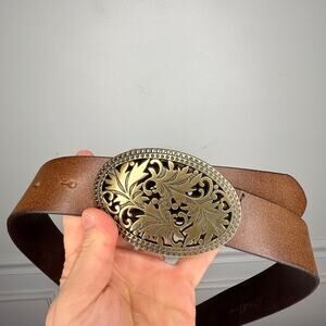 Eddie Bauer Brass Belt Buckle Leather Belt Womens Medium